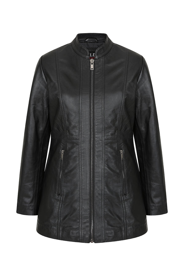 Women's black nappa leather hip-length jacket by LLD Original, featuring a classic style and available in multiple sizes.