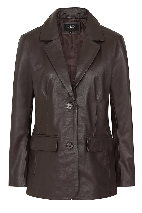 Brown nappa leather hip-length blazer jacket for women by LLD Original, available in sizes 8-18.