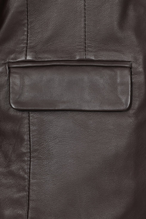 Brown nappa leather hip length blazer jacket for women by LLD Original