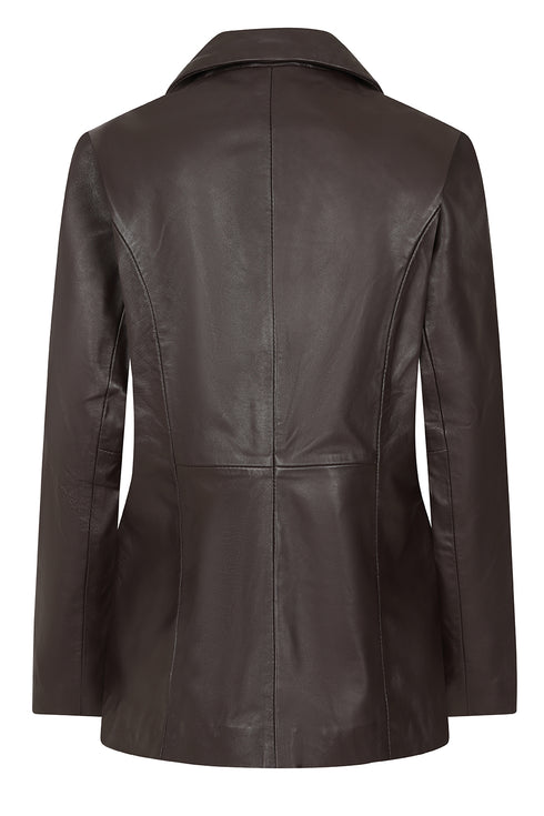 Brown Nappa leather hip length blazer jacket for women by LLD Original, available in sizes 8 to 18.
