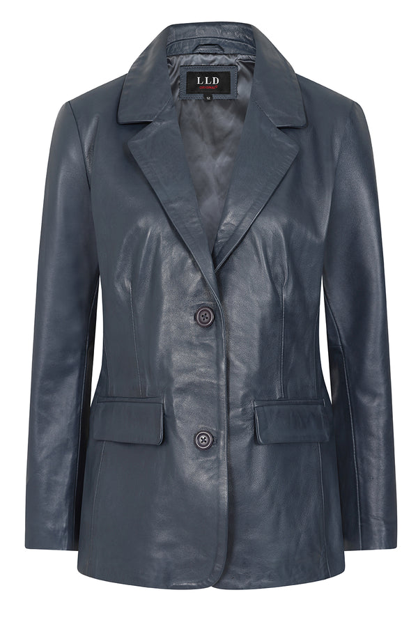 Navy blue hip-length leather blazer jacket for women by LLD Original, available in sizes 8 to 18.