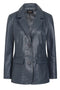 Navy blue hip-length leather blazer jacket for women by LLD Original, available in sizes 8 to 18.