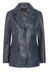 Navy blue hip-length leather blazer jacket for women by LLD Original, available in sizes 8 to 18.