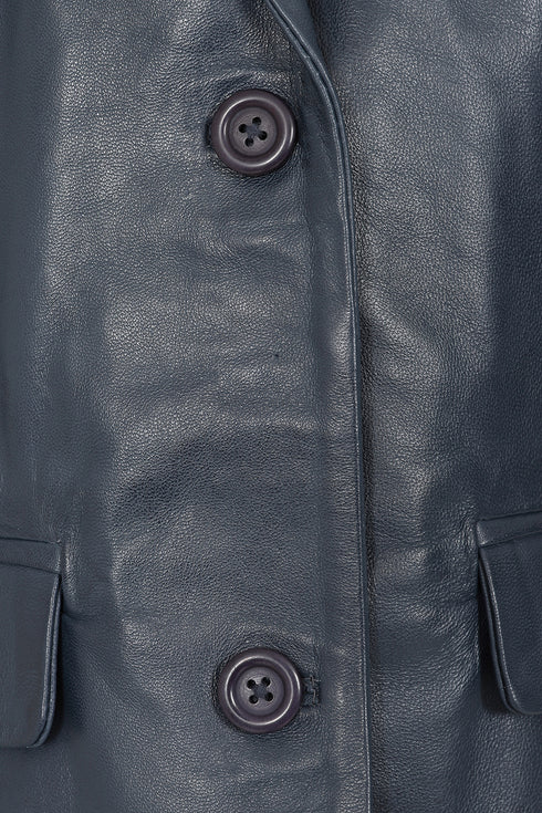 Navy blue hip-length blazer leather jacket for women by LLD Original, available in sizes 8-18