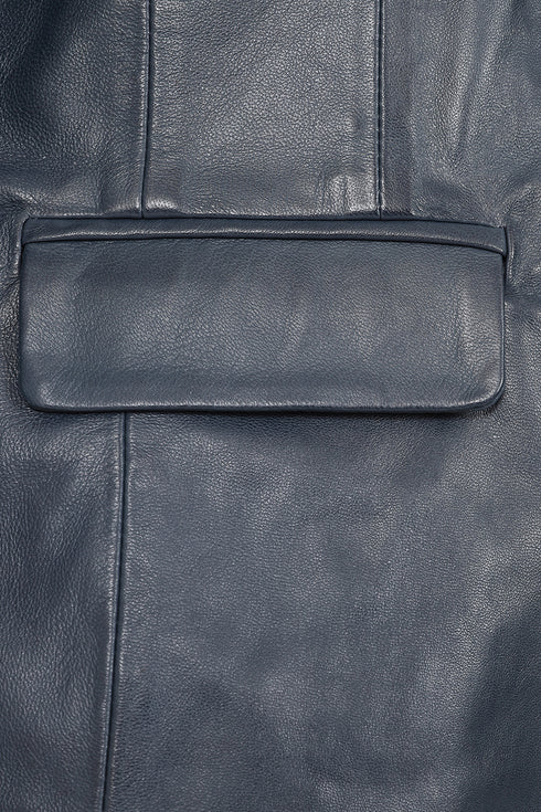 Navy blue hip-length leather blazer jacket for women by LLD Original, available in sizes 8-18