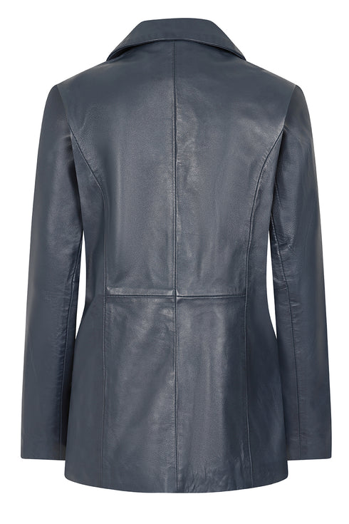 Navy blue leather blazer jacket for women, hip length, by LLD Original, available in sizes 8-18.