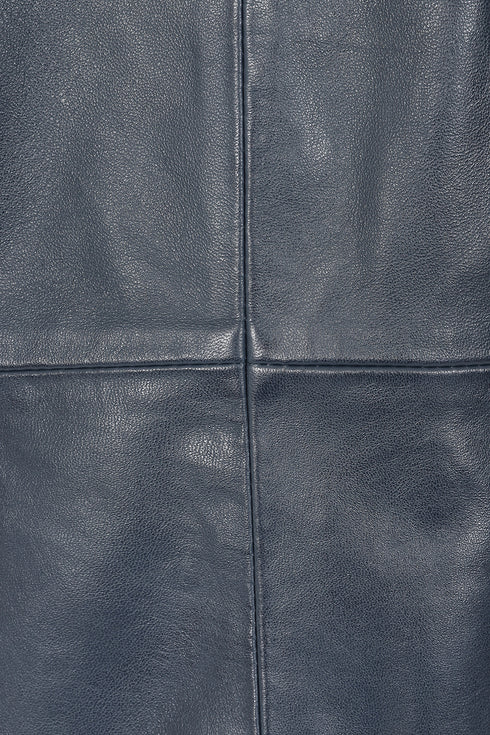 Navy blue hip-length blazer leather jacket for women by LLD Original, featuring a sleek design and available in multiple siz