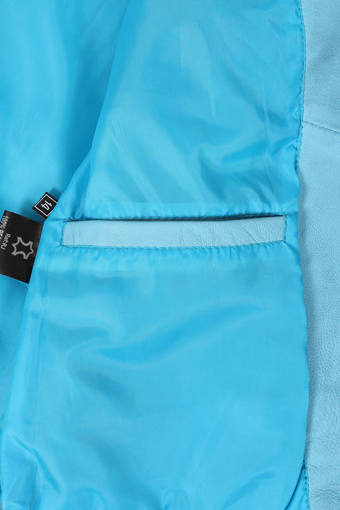 Women's Aqua Blue Leather Racing Jacket Red Stripes - FRANCIS