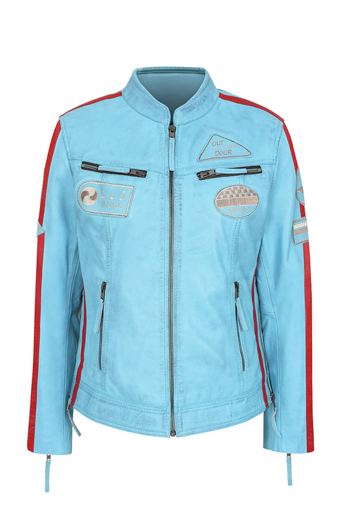 Aqua blue leather racing jacket for women with red stripes by LLD Original, available in sizes 8-18.