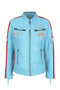 Aqua blue leather racing jacket for women with red stripes by LLD Original, available in sizes 8-18.