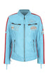 Aqua blue leather racing jacket for women with red stripes by LLD Original, available in sizes 8-18.