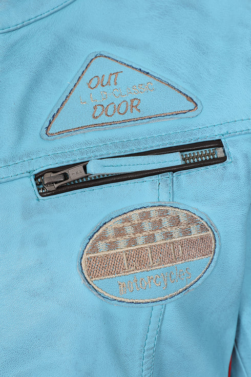 Aqua blue leather racing jacket with red stripes for women by LLD Original, available in sizes 8-18.