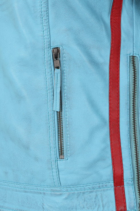 Aqua blue leather racing jacket with red stripes for women by LLD Original, available in sizes 8-18.