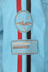 Aqua blue leather women's racing jacket with red stripes by LLD Original, available in sizes 8-18.