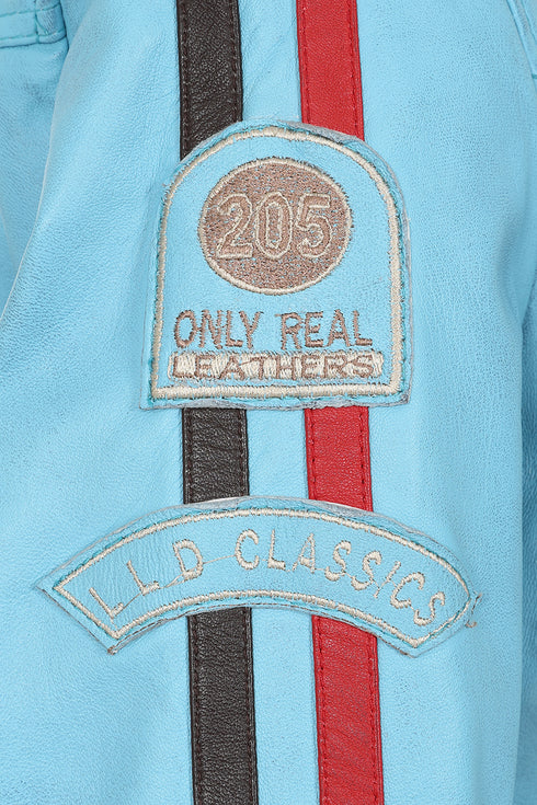 Aqua blue leather racing jacket with red stripes for women by LLD Original, available in sizes 8 to 18.