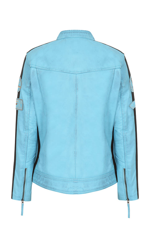 Women's Aqua Blue Leather Racing Jacket Red Stripes - FRANCIS
