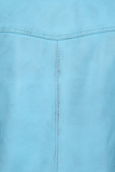 Women's Aqua Blue Leather Racing Jacket Red Stripes - FRANCIS