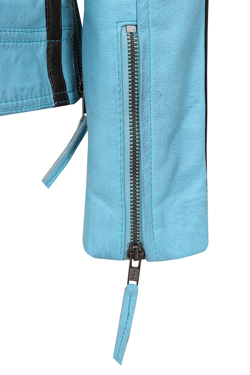 Women's Aqua Blue Leather Racing Jacket Red Stripes - FRANCIS