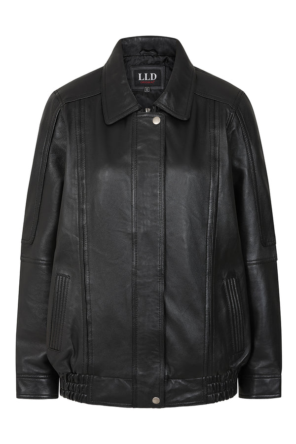 Women's black real leather blouson jacket by LLD Original, 24-inch length, available in sizes 8, 10, and 12.