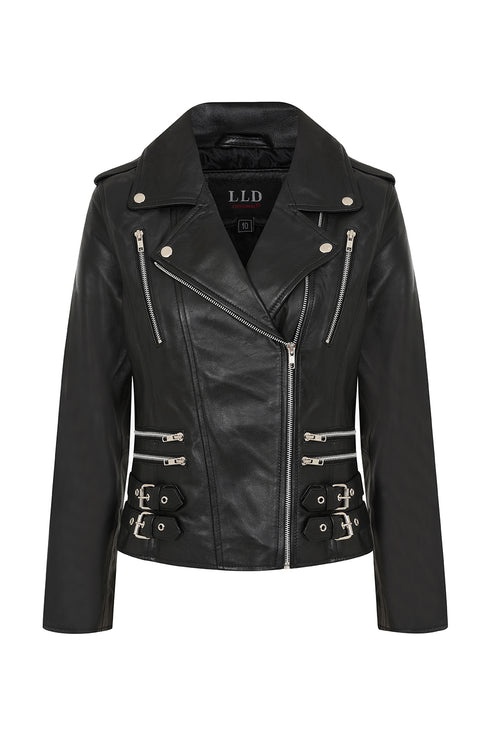 Women's black soft leather biker jacket with YKK zip, by LLD Original, available in multiple sizes.