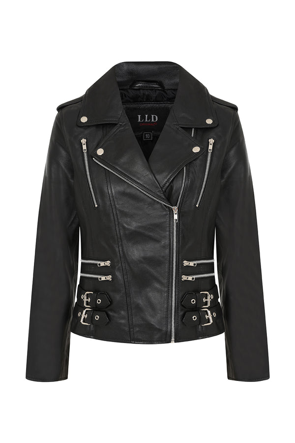 Women's black soft leather biker jacket with YKK zip, by LLD Original, available in multiple sizes.