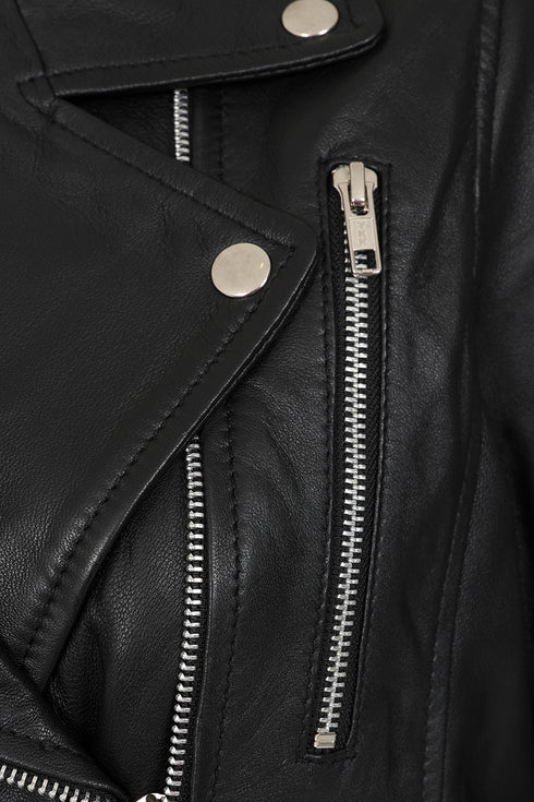 Women's black soft leather biker jacket with Emma YKK zip, available in various sizes by LLD Original