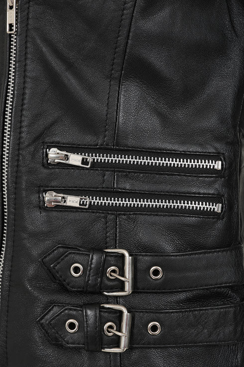 Women's black soft leather biker jacket with Emma YKK zip, available in sizes 8 to 18 by LLD Original