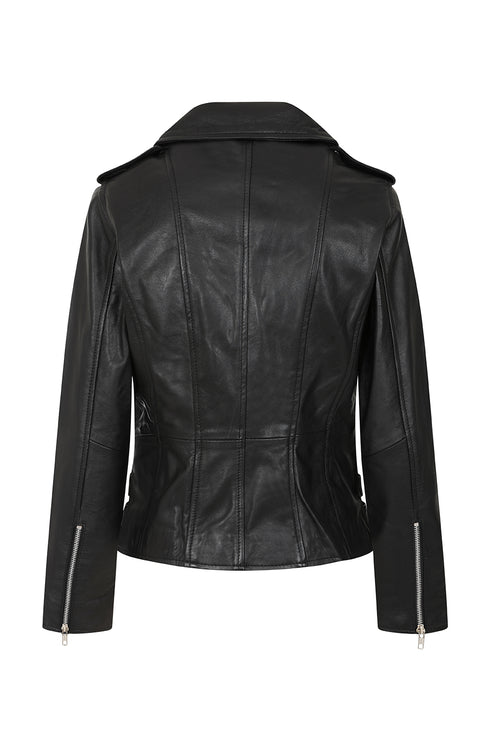 Women's black leather biker jacket with YKK zip and fitted style, available in sizes 8-18 by LLD Original