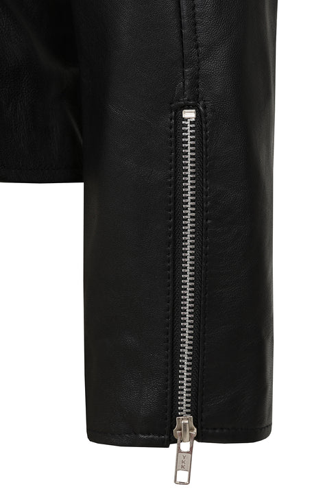 Women's black leather biker jacket with YKK zip, featuring a sleek style from LLD Original, available in sizes 8-18