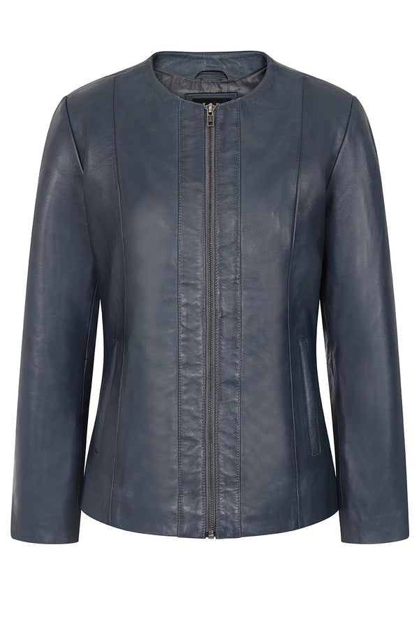 Classic navy blue nappa leather jacket for women, collarless design, by LLD Original, available in multiple sizes.
