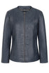 Classic navy blue nappa leather jacket for women, collarless design, by LLD Original, available in multiple sizes.