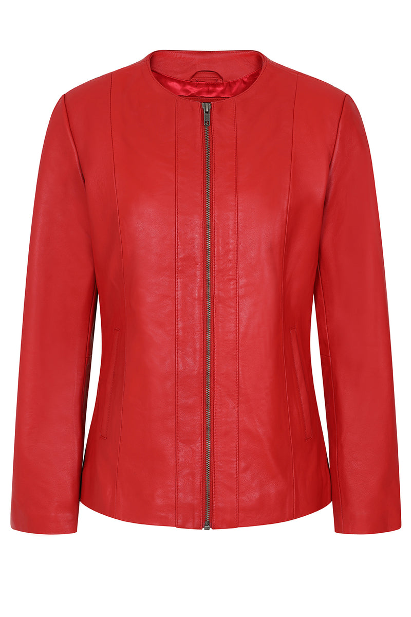Women's Classic Red Real Leather Jacket No Collar