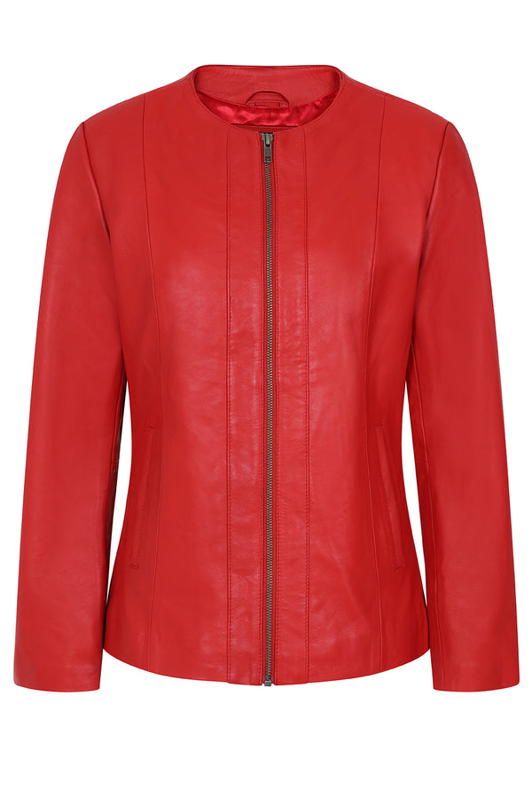 Classic red nappa leather women's jacket without collar by LLD Original, hip length, available in sizes 8, 10, 12.