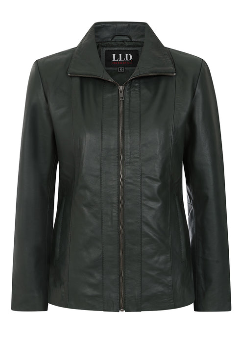 Green real Napa leather biker jacket for women, hip length, by LLD Original, available in plus sizes.