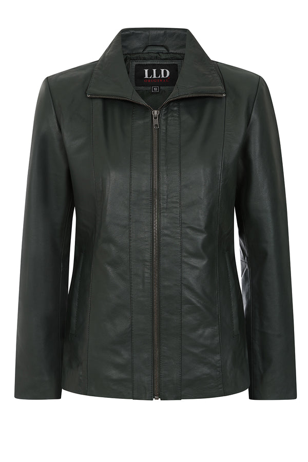 Green real Napa leather biker jacket for women, hip length, by LLD Original, available in plus sizes.