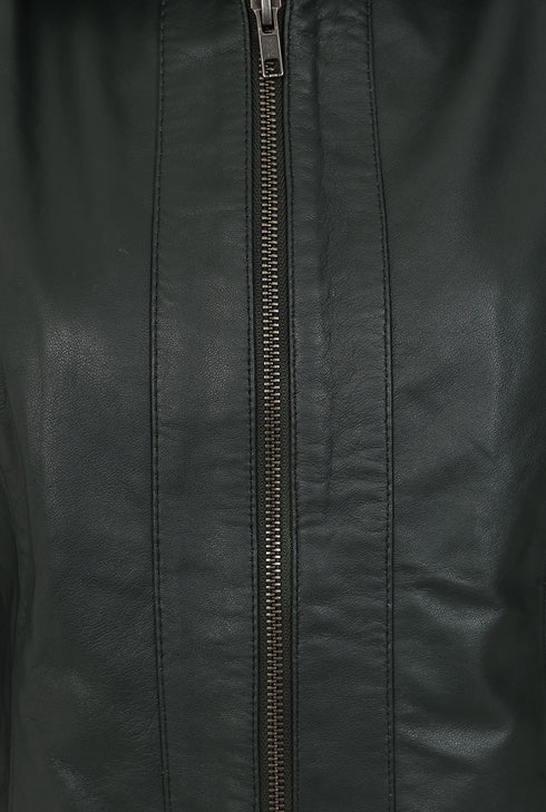 Green real Napa leather biker jacket for women, hip length, LLD Original, available in plus sizes 8, 10, and 12