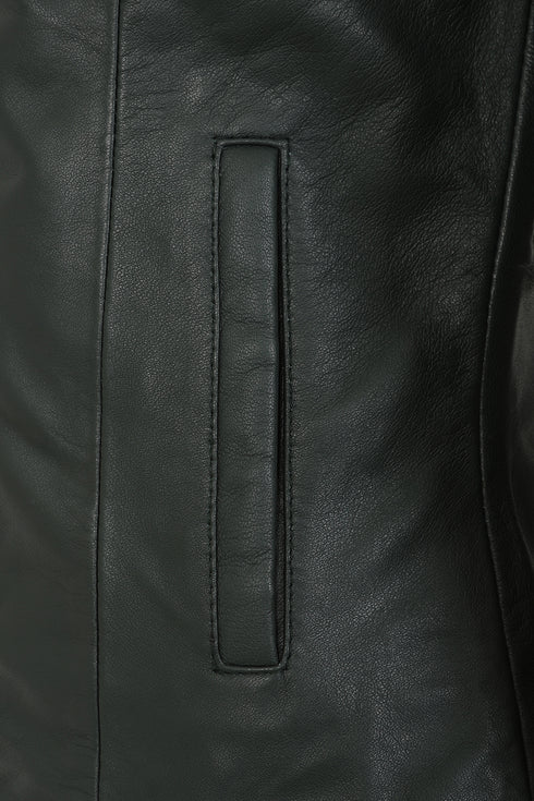 Women’s green Napa leather biker jacket with hip length design, from LLD Original, available in plus sizes.