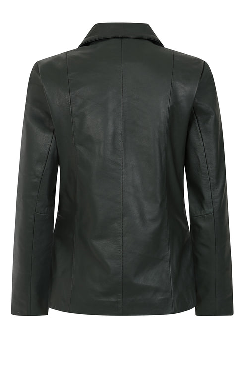 Green real Napa leather biker jacket by LLD Original, hip length, available in plus sizes 8, 10, and 12.