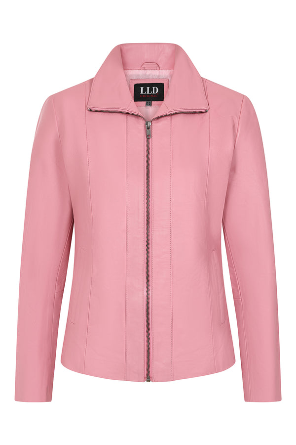 Women's soft pink nappa leather jacket, classic fitted design by LLD Original, ideal for autumn casual wear.