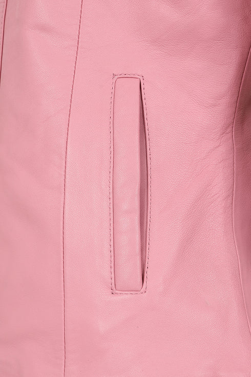 Soft pink nappa leather biker jacket by LLD Original, classic fitted design, cropped style