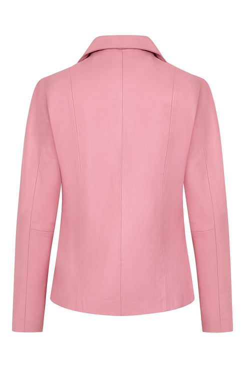 Soft pink nappa leather biker jacket with classic fitted design from LLD Original, available in sizes 8 to 12.