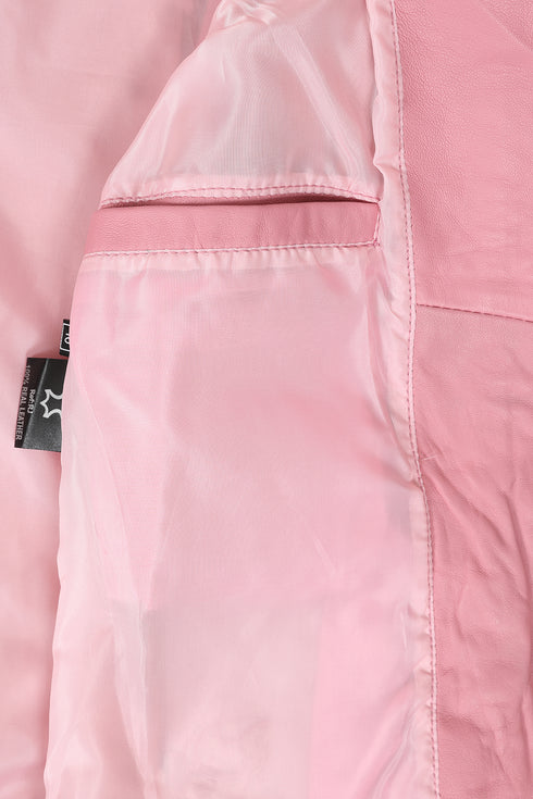 Women's soft pink nappa leather biker jacket with a classic fitted design, available in sizes 8, 10, and 12.