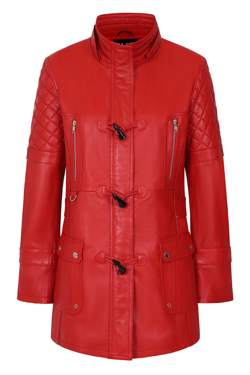 Premium Red Nappa Leather Jacket Women - AMY Hooded