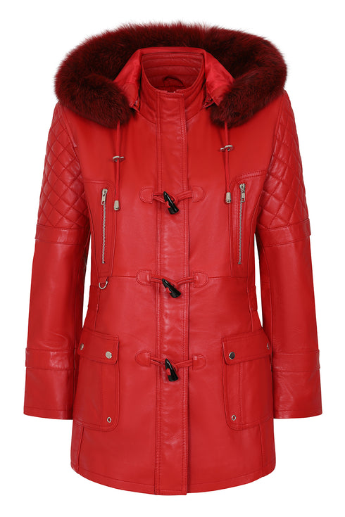Premium red nappa leather women's jacket with hood, detachable fur, and drawstring, by LLD Original
