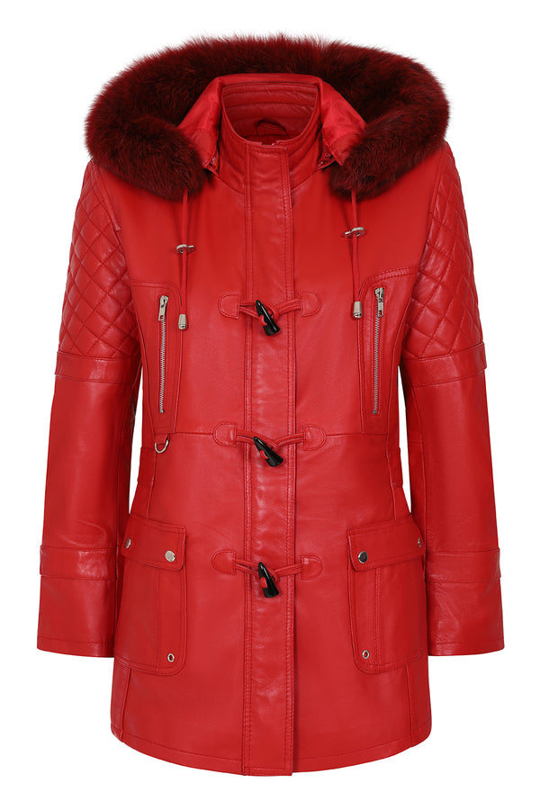 Premium red nappa leather women's jacket with hood, detachable fur, and drawstring, by LLD Original