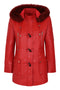 Premium red nappa leather women's jacket with hood, detachable fur, and drawstring, by LLD Original