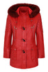 Premium red nappa leather women's jacket with hood, detachable fur, and drawstring, by LLD Original