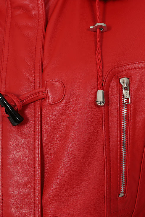 Premium Red Nappa Leather Jacket Women - AMY Hooded