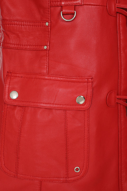 Premium Red Nappa Leather Jacket Women - AMY Hooded