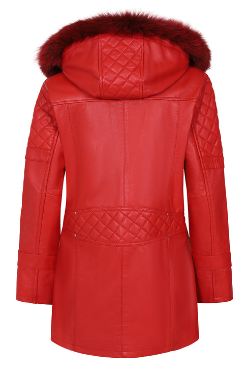 Premium red nappa leather hooded jacket for women with detachable fur, drawstring hood, and hip length by LLD Original